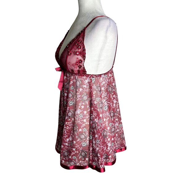 Sheer Red Floral Embroidered Babydoll Lingerie Adjustable Straps Bow Size M - Picture 3 of 6